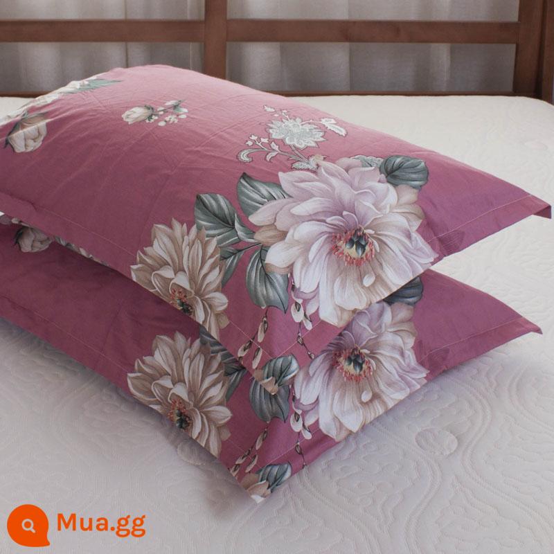 Một cặp vỏ gối cotton nguyên chất 100% cotton dày người lớn kích thước lớn 50X80 trẻ em vỏ gối nhỏ 48X74 - Cặp vỏ gối màu tím hoa mẫu đơn