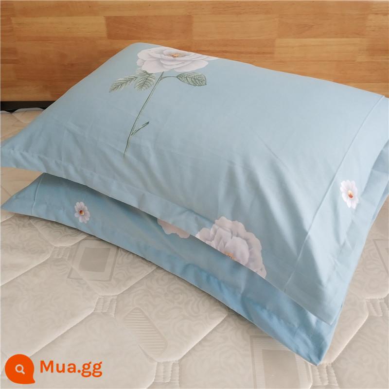 Một cặp vỏ gối cotton nguyên chất 100% cotton dày người lớn kích thước lớn 50X80 trẻ em vỏ gối nhỏ 48X74 - Đôi vỏ gối in hoa màu xanh