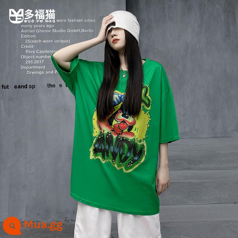 Dofu mèo ban đầu thủy triều thương hiệu mùa hè màu trắng hoạt hình T-Shirt ngắn tay của phụ nữ mùa hè phù hợp với thể thao giản dị quần short 2 bộ - đầu xanh