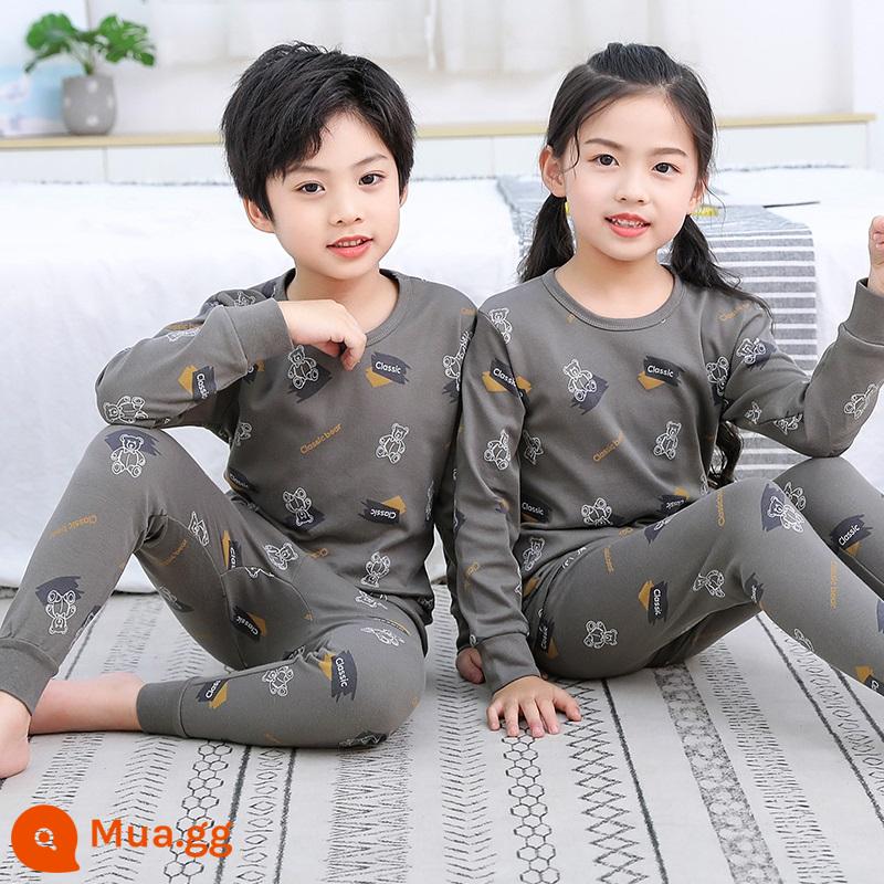 Bộ đồ lót trẻ em bằng cotton nguyên chất, áo len cotton mùa thu đông cho trẻ em cỡ lớn, áo len mỏng dài tay cho bé trai và bé gái, quần áo mùa thu cho bé, quần vệ sinh - Gấu xám đậm