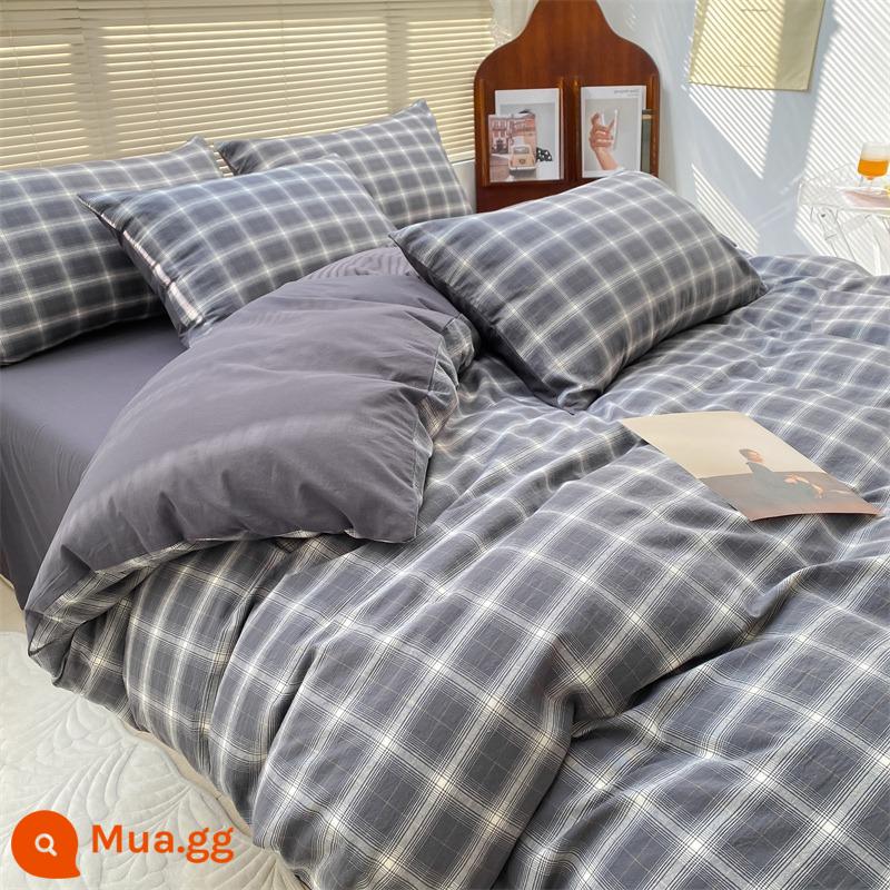 Bộ 4 giường ngủ cotton nguyên chất mới 2023 100 tấm trải giường bằng vải cotton và vỏ chăn bông ký túc xá sinh viên chăn ga gối đệm 3 bộ 4 - Chiều Xám [Được nâng cấp 100% cotton, cotton đã giặt, không vón cục, không phai màu]