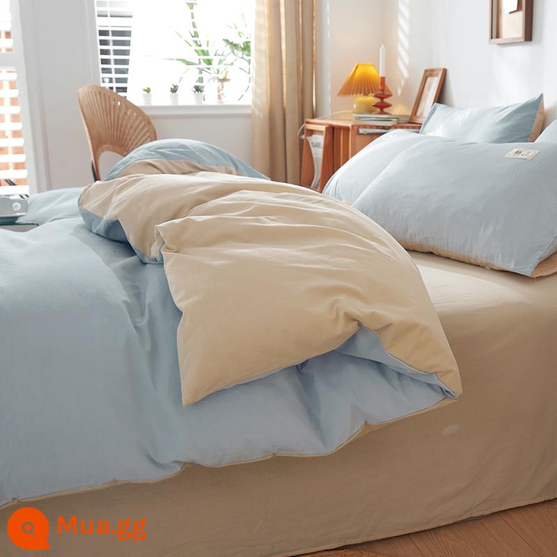 Sản phẩm tốt cotton nguyên chất đã giặt vỏ chăn ga đơn 200x230 cotton đôi ga trải giường đơn 150x200 - Xanh da trời + màu be