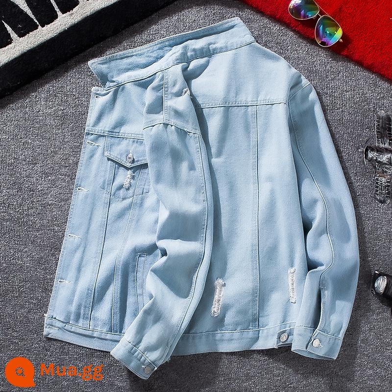 Áo khoác denim mùa xuân cho nam Phong cách Hàn Quốc Áo khoác bảo hộ lao động dáng rộng Thương hiệu hợp thời trang Nhật Bản Đường khâu màu sắc tương phản Áo khoác mùa xuân và mùa thu - 8802 màu xanh nhạt