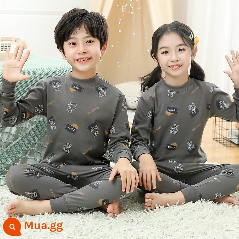 Bộ đồ lót trẻ em bằng cotton nguyên chất, áo len cotton mùa thu đông cho trẻ em cỡ lớn, áo len mỏng dài tay cho bé trai và bé gái, quần áo mùa thu cho bé, quần vệ sinh - In hình gấu xám đậm (cổ giữa)