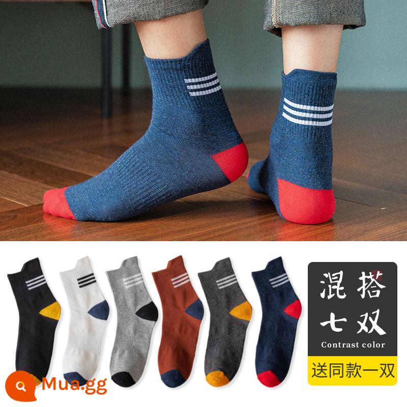 Vớ nam tính giữa, mồ hôi, mùa xuân đen, mùa thu và mùa đông nam không -cotton Stockings Thể thao Hệ thống Nhật Bản - Đen. Trắng. Xám nhạt. Đỏ gạch. Xám đậm. Xanh nước biển + tặng một đôi cùng kiểu (tổng cộng bảy đôi)