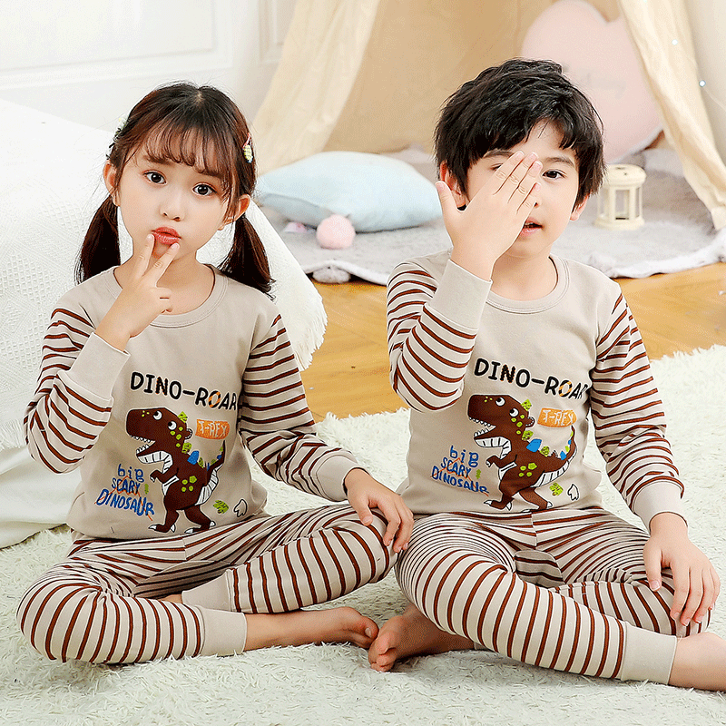 Bộ đồ lót trẻ em cotton nguyên chất 2-13 tuổi quần áo mùa thu và quần vệ sinh bé trai dài tay bộ đồ ngủ xuân thu đông bé gái có cổ - Cà phê sọc khủng long-BZJ/cổ thấp/bông nguyên chất