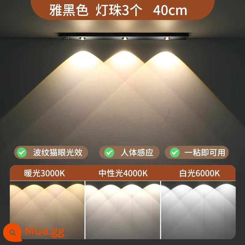 Đồi nhỏ đèn cảm ứng hút từ sạc tủ rượu tủ quần áo hiên tủ giày lối vào đèn cảm ứng sáng khi có người đến - 3 đèn màu đen thanh lịch [40CM] - ánh sáng ba tông màu + cảm biến cơ thể con người + cảm biến ánh sáng, nhôm hàng không