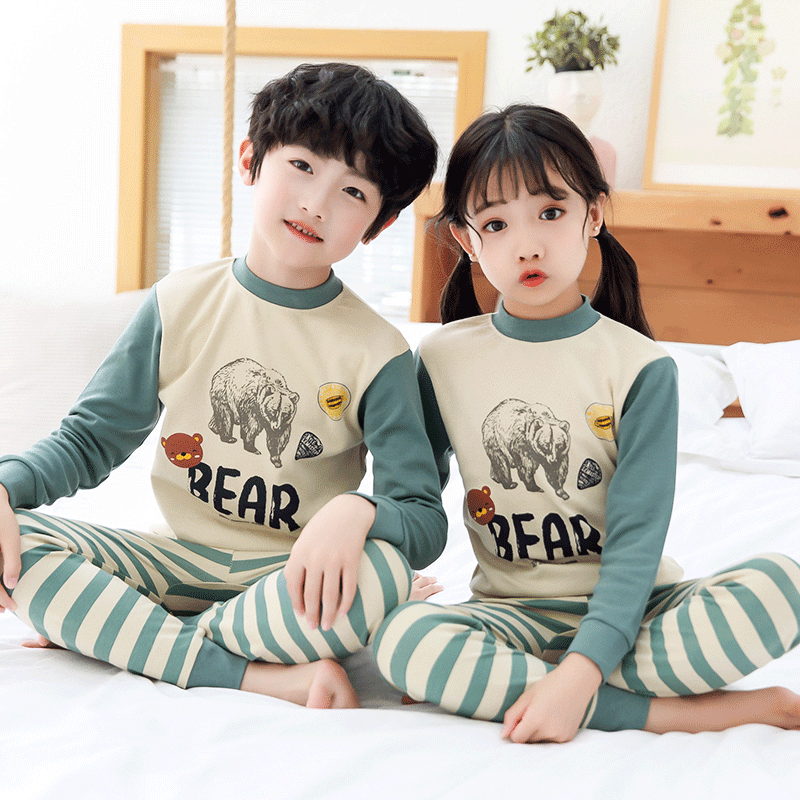 Bộ đồ lót trẻ em cotton nguyên chất 2-13 tuổi quần áo mùa thu và quần vệ sinh bé trai dài tay bộ đồ ngủ xuân thu đông bé gái có cổ - Gấu bắc cực/cổ giữa/bông nguyên chất