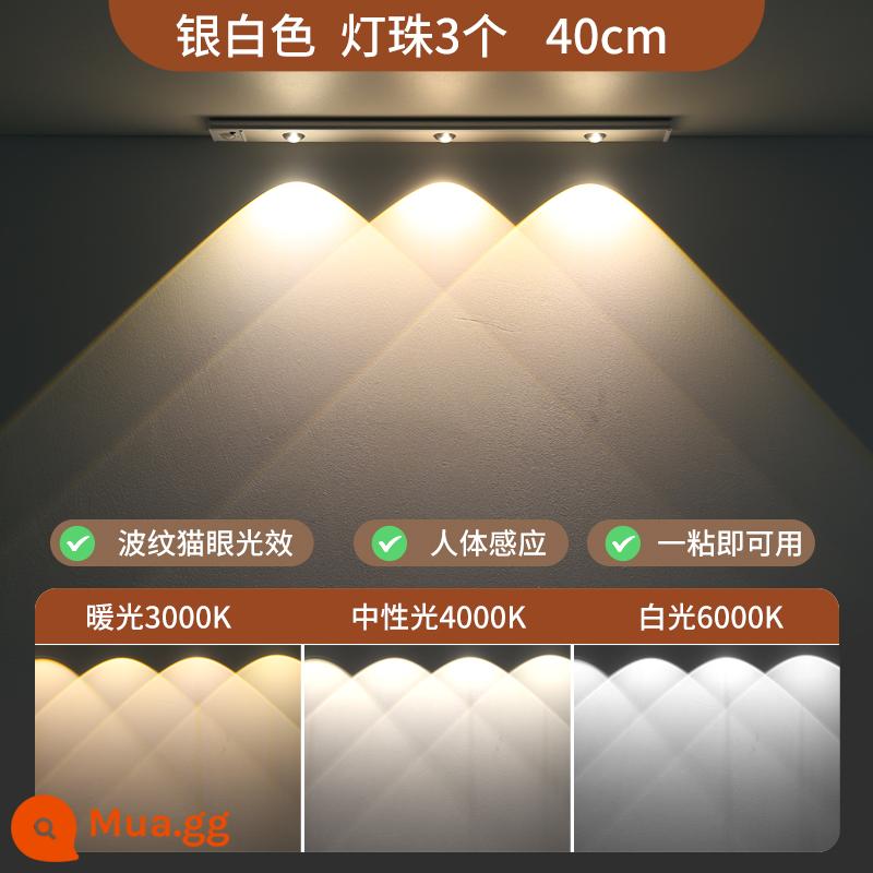 Đồi nhỏ đèn cảm ứng hút từ sạc tủ rượu tủ quần áo hiên tủ giày lối vào đèn cảm ứng sáng khi có người đến - Đèn chiếu sáng ba tông màu trắng bạc-40CM-3