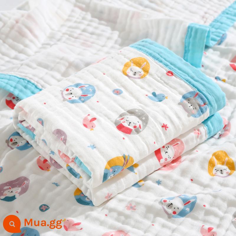 Khăn tắm cho bé sơ sinh cotton nguyên chất siêu mềm thấm hút khăn lớn khăn tắm cho bé sơ sinh trẻ em hoạt hình - Thiên đường thỏ viền xanh 6 lớp/110*110cm [bông chải kỹ mật độ cao kèm khăn vuông]