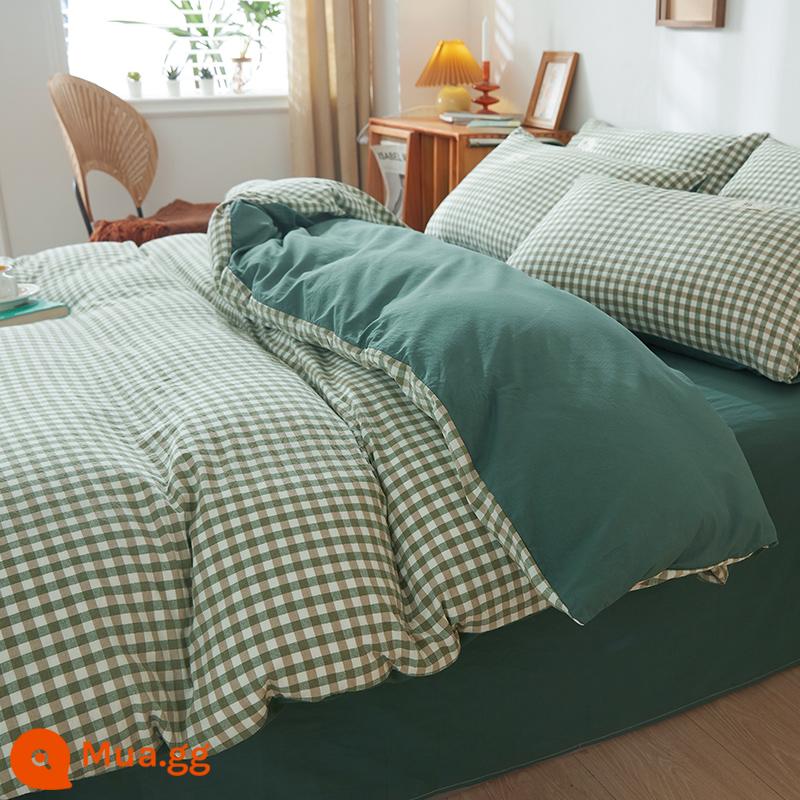 Sản phẩm tốt cotton nguyên chất đã giặt vỏ chăn ga đơn 200x230 cotton đôi ga trải giường đơn 150x200 - Lưới xanh nhỏ + cỏ xanh