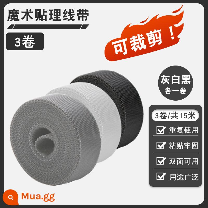 Hiện vật lưu trữ dòng dữ liệu Velcro dây buộc cáp tổ chức khai thác máy tính với định tuyến dây máy tính để bàn dây đeo cố định - Xám + trắng + đen [3 cuộn tổng cộng 15 mét] có thể cắt được