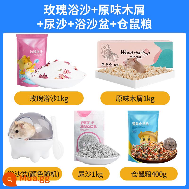 Lưới chăn thả chuột hamster tắm cát vàng lụa gấu nước tiểu salon rồng cát tắm cát tắm muối tắm nước tiểu cát ổ hamster nhỏ nguồn cung cấp - Cát tắm hamster hoa hồng 1kg + cát tiểu 1kg + chậu cát tắm (màu ngẫu nhiên) + dăm gỗ nguyên bản 1kg + thức ăn cho hamster 400g