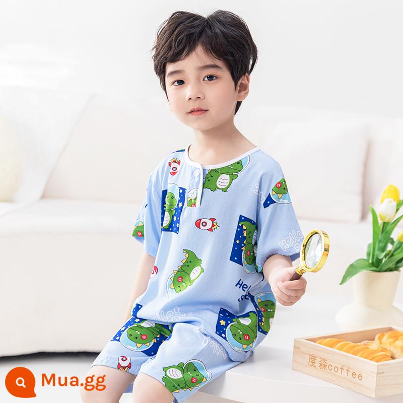 Bộ đồ ngủ trẻ em mùa hè bé trai và bé gái quần áo điều hòa dài tay cotton lụa mỏng phục vụ tại nhà bộ đồ trẻ em ngắn tay - Khủng long kẻ sọc ngắn tay đôi