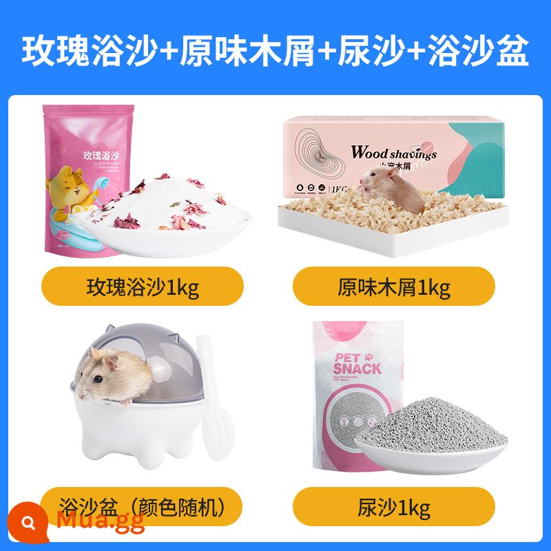 Lưới chăn thả chuột hamster tắm cát vàng lụa gấu nước tiểu salon rồng cát tắm cát tắm muối tắm nước tiểu cát ổ hamster nhỏ nguồn cung cấp - Cát tắm hamster hoa hồng 1kg + cát tiểu 1kg + chậu cát tắm (màu ngẫu nhiên) + dăm gỗ nguyên bản 1kg