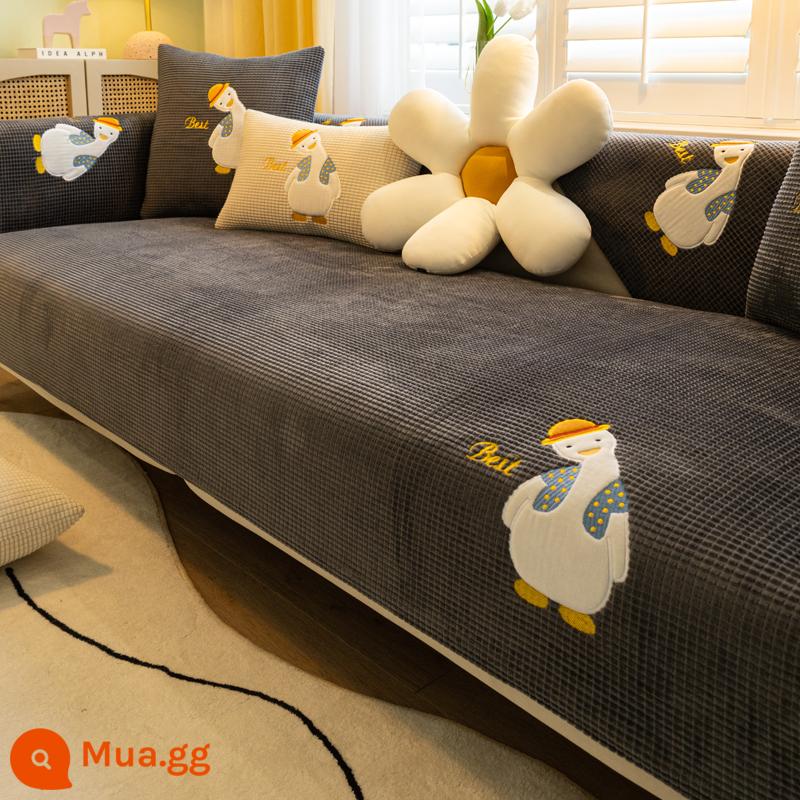 Sofa Đệm Bốn Mùa Đa Năng Vải Chống Trơn Trượt Hiện Đại Đơn Giản Mùa Đông Bọc Ghế Sofa Bao Khăn Trọn Gói Đệm Ghế Bọc Vải - Vịt cong-Xám đậm [Lshang]