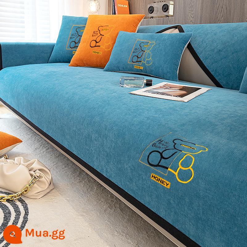 Voan Sofa Đệm Chống Trơn Trượt Cao Cấp Ghế Sofa Tất Cả Đơn Giản Hiện Đại Bốn Mùa Đa Năng Khăn Trải Đệm Mới - Gấu ngu ngốc-Blue[DD]