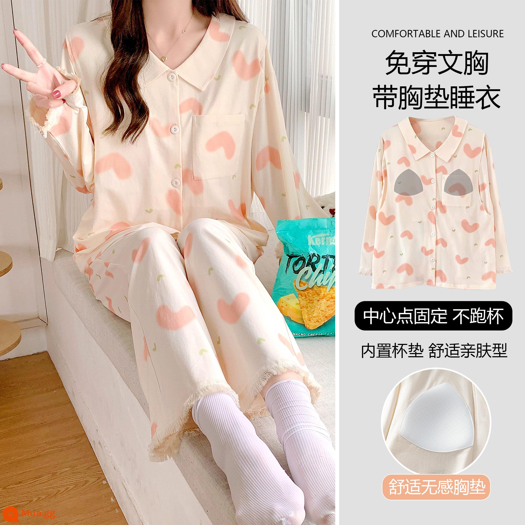 Quần áo sau sinh bằng vải cotton nguyên chất Panda có đệm ngực, đồ ngủ cho bà bầu sau sinh mùa xuân thu đông, quần áo chăm sóc điều dưỡng, quần áo ở nhà - Áo cardigan trái tim [có đệm ngực/cốc cố định]