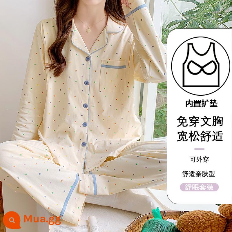 Miếng đệm ngực, quần áo cotton nguyên chất thơm sữa, đồ ngủ cho bà bầu sau sinh mùa xuân thu, quần áo cho con bú mùa thu đông - Chấm màu [có miếng đệm ngực/cốc cố định]