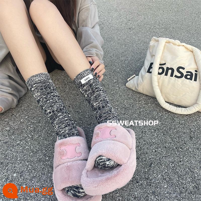 SSWEASHOP Vải Nhật tiêu chuẩn cotton tre AB vớ len nữ cặp đôi dày đường may tiêu chuẩn ống giữa vớ ins triều vớ - màu xám đen