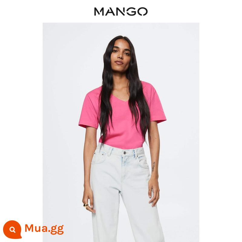 Áo thun nữ MANGO xuân hè mới thiết kế cắt thẳng thời trang Áo thun cotton pha cổ chữ V - Hồng