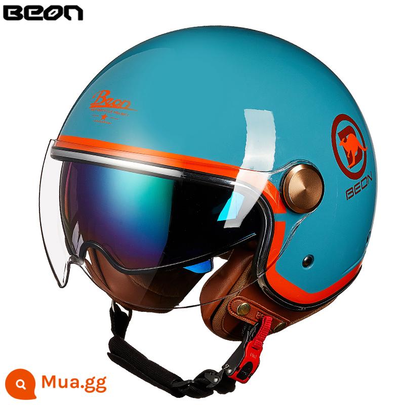 Beon Xe Máy Nam Nữ Đôi Ống Kính Xe Máy Retro Harley Xe Điện Mùa Đông Ấm Mũ Bảo Hiểm Nửa Bốn Mùa - Màu xanh nhạt/cam kangaroo sáng (gửi ống kính dài)