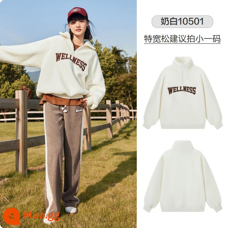 Semir áo len nữ giả cừu len cực lông cừu mùa đông 2022 mới oversize cổ đứng áo raglan tay áo chui đầu - Sữa trắng 10501