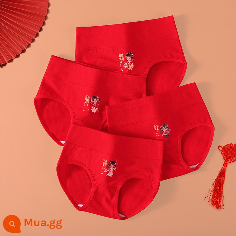 Quần lót trẻ em năm hoàng đạo cotton nguyên chất màu đỏ cho bé gái, 100% cotton cho bé lớn và nhỏ, không véo mông - M020 Lucky Star Gaozhao (Bộ 4 Bông Nguyên Chất)