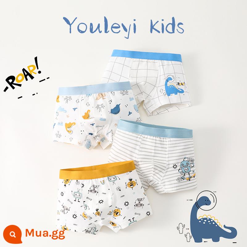 Quần lót bé trai cotton nguyên chất, quần đùi bé trai, cotton nguyên chất trẻ em, quần boxer an toàn bé trai vừa và lớn 100% - G69 Dinosaur Robot-4 Pack [Phong cách cotton nguyên chất không xương chải kỹ]