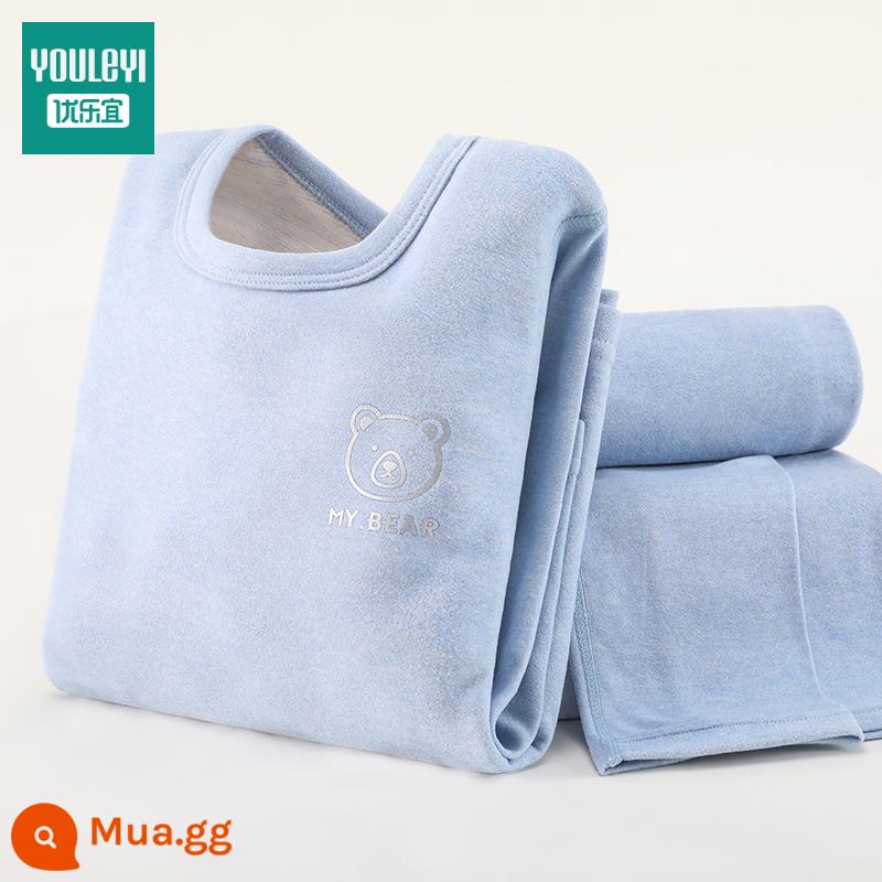 Bộ đồ lót trẻ em, quần áo thu đông và quần vệ sinh bé trai, đồ ngủ bé trai cotton nguyên chất, cotton plus nhung trẻ em vừa và lớn, ấm áp mùa thu đông - Gấu Ấm (Sky Blue)