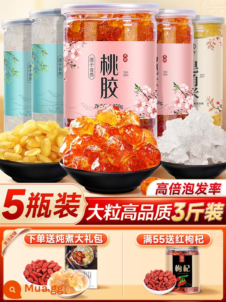 Kẹo cao su đào tuyết nuốt gạo saponin kết hợp hàng đầu cửa hàng chính hãng 500g có thể được sử dụng với loại đặc biệt không ăn liền kẹo cao su khô tremella ăn liền - [5 chai] 3 catty kẹo cao su đào hạt lớn, én tuyết, gạo saponin (tặng dâu tây đỏ + gói quà hầm)