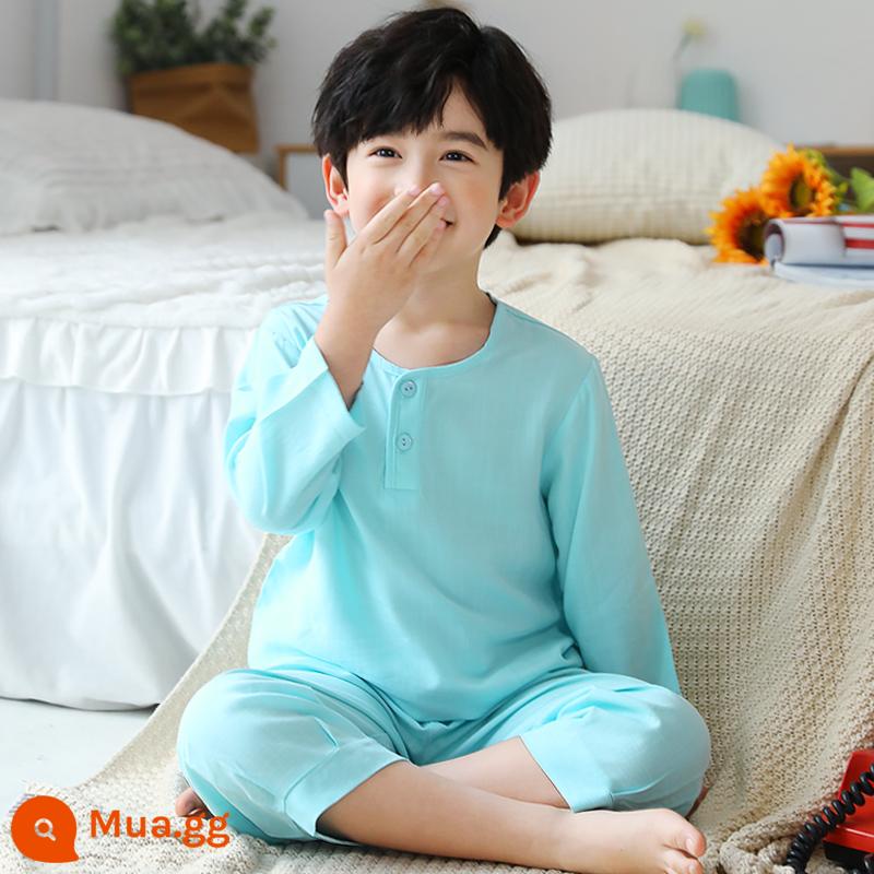 Bộ đồ ngủ cotton lụa trẻ em mỏng mùa hè dài tay bé trai và bé trai cotton lụa điều hòa quần áo ở nhà bộ đồ ngủ trẻ em trung và lớn - [Tay áo ba phần tư] màu xanh