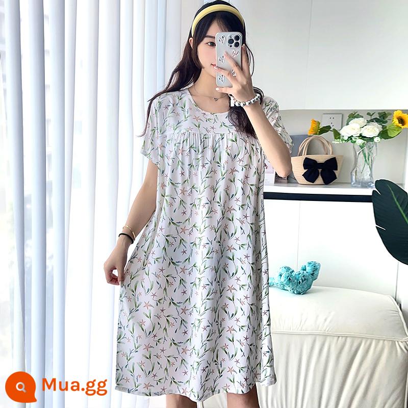 Phiên bản Hàn Quốc của váy ngủ cotton lụa dài tay nữ đồ ngủ ngắn tay cộng với kích thước mùa hè quần áo mặc ở nhà bằng cotton nhân tạo rộng rãi và thoải mái - Ngôi sao lá xanh Màu trắng nhạt