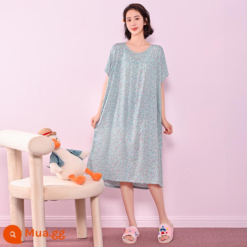 Phiên bản Hàn Quốc của váy ngủ cotton lụa dài tay nữ đồ ngủ ngắn tay cộng với kích thước mùa hè quần áo mặc ở nhà bằng cotton nhân tạo rộng rãi và thoải mái - Hồ hoa màu xanh