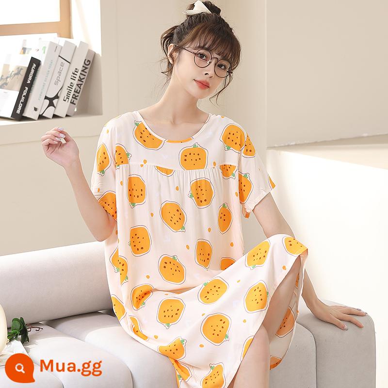 Phiên bản Hàn Quốc của váy ngủ cotton lụa dài tay nữ đồ ngủ ngắn tay cộng với kích thước mùa hè quần áo mặc ở nhà bằng cotton nhân tạo rộng rãi và thoải mái - lựu vàng