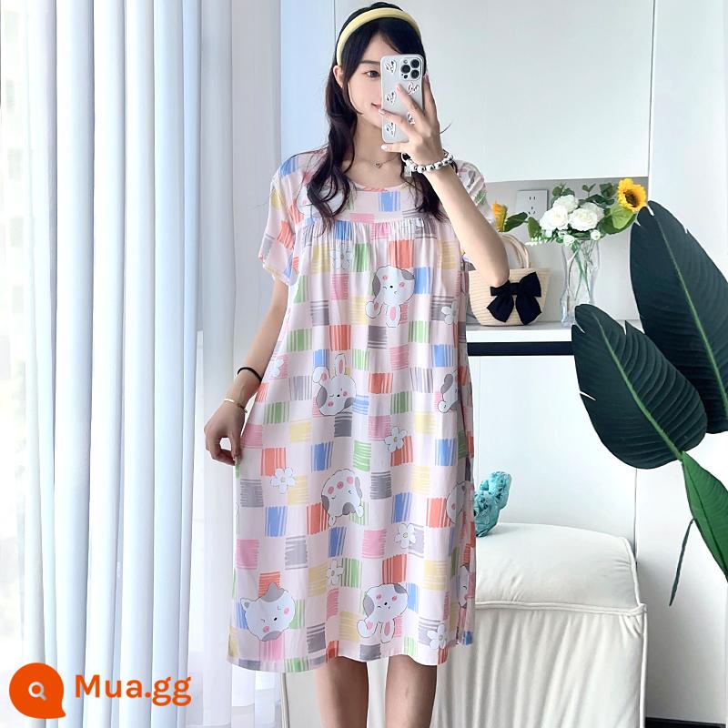 Phiên bản Hàn Quốc của váy ngủ cotton lụa dài tay nữ đồ ngủ ngắn tay cộng với kích thước mùa hè quần áo mặc ở nhà bằng cotton nhân tạo rộng rãi và thoải mái - Thỏ sọc màu hồng