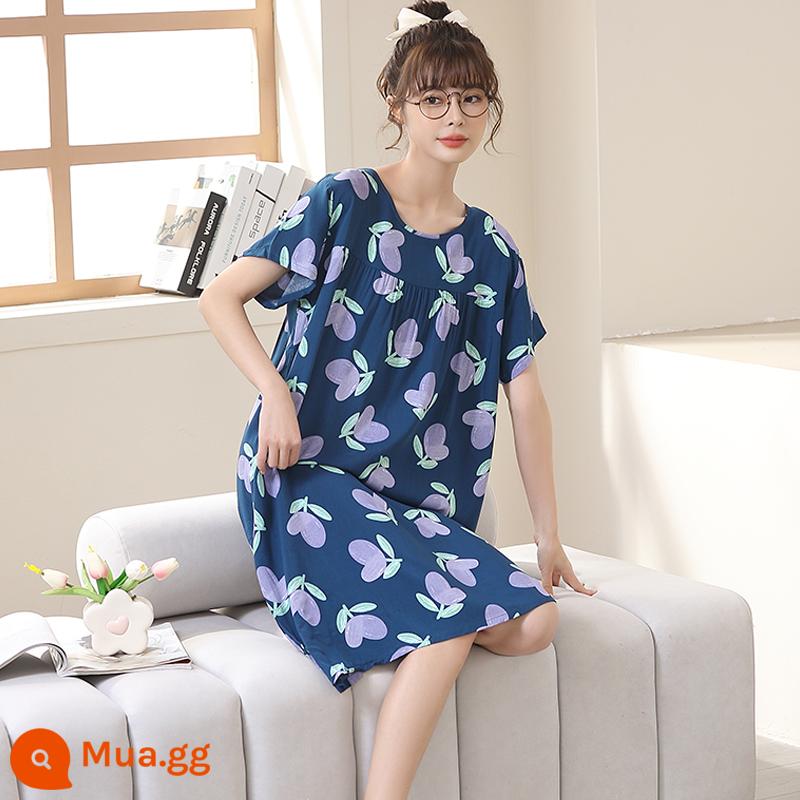 Phiên bản Hàn Quốc của váy ngủ cotton lụa dài tay nữ đồ ngủ ngắn tay cộng với kích thước mùa hè quần áo mặc ở nhà bằng cotton nhân tạo rộng rãi và thoải mái - hoa tulip lớn màu xanh