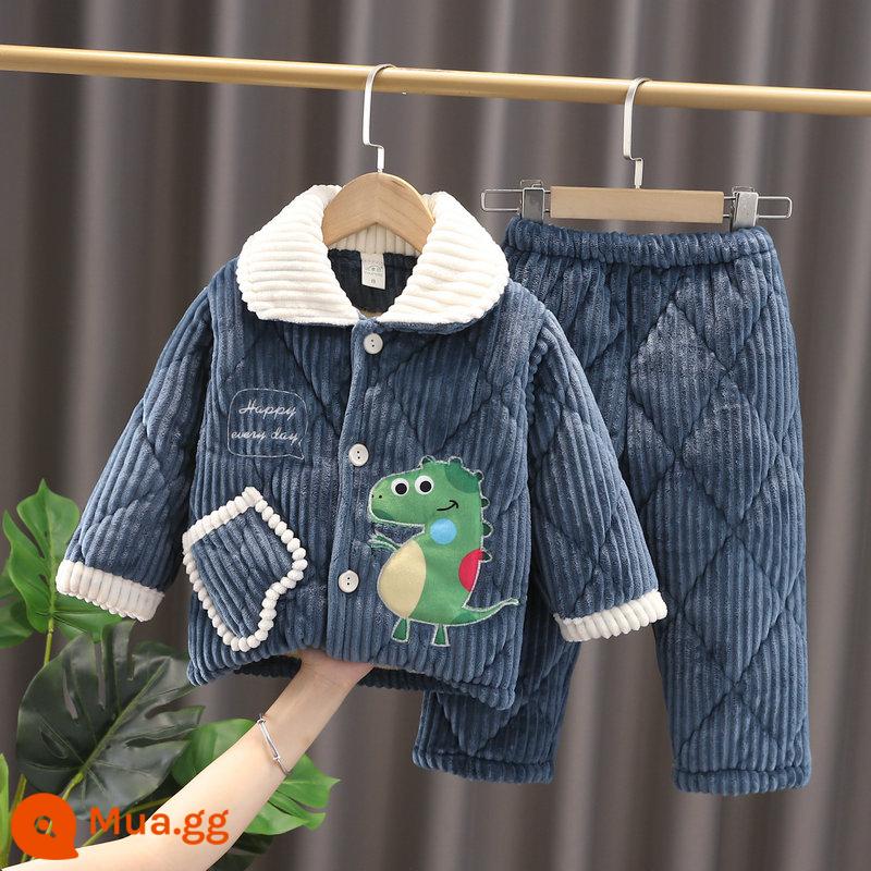 Bộ đồ ngủ trẻ em mùa đông bé trai 3 lớp chần bông flannel Plus nhung dày bé san hô nỉ bé trai nhà quần áo - xanh xám