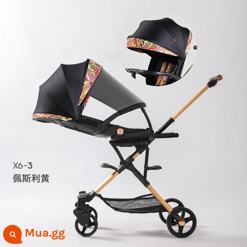 xe đẩy em bé playkids X6-2 và X6-3, xe đẩy em bé 2 chiều ngồi và nằm - Phiên bản nằm phẳng hai chiều X6-3 Paisley Yellow (bệ để chân mở rộng + ghế rộng)