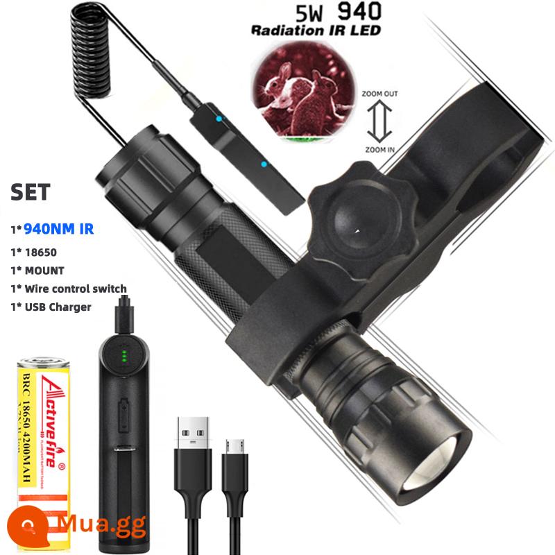 Thiết bị nhìn đêm 5W IR 850nm/940nm bổ sung đèn bức xạ hồng ngoại zoom USB sạc 18650 đèn pin - Hồng ngoại 940NM/phiên bản điều khiển dây/bộ như trong hình