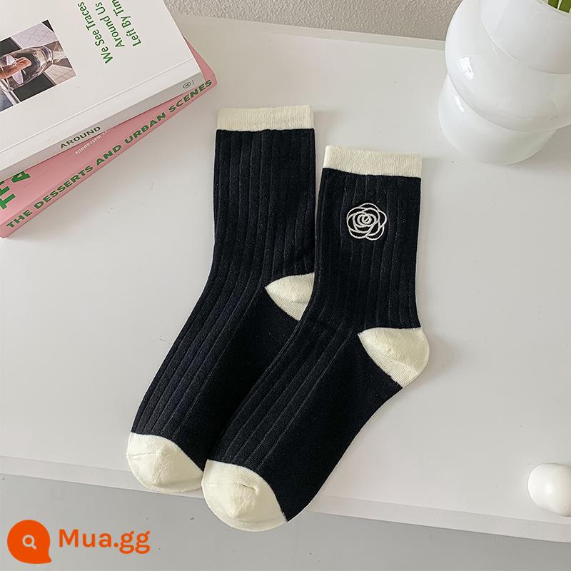 [2 đôi] phối màu theo phong cách thêu hoa trà đen trắng Chất liệu cotton chải kỹ ~ thời trang và thoải mái - [1 cặp] màu đen