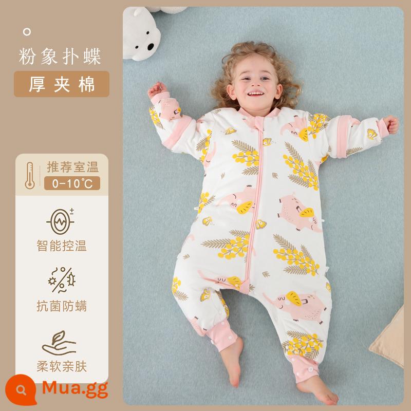 Qinxinyafang túi ngủ cho bé mùa thu đông cotton nguyên chất chăn bông chống đá cho bé tách chân túi ngủ nhiệt độ không đổi phổ biến cho tất cả các mùa - Bông nhiệt độ không đổi dày cảm biến nhiệt độ có thể nhìn thấy [khuyến nghị 0-10 độ không có miếng che chân] Bướm voi màu hồng