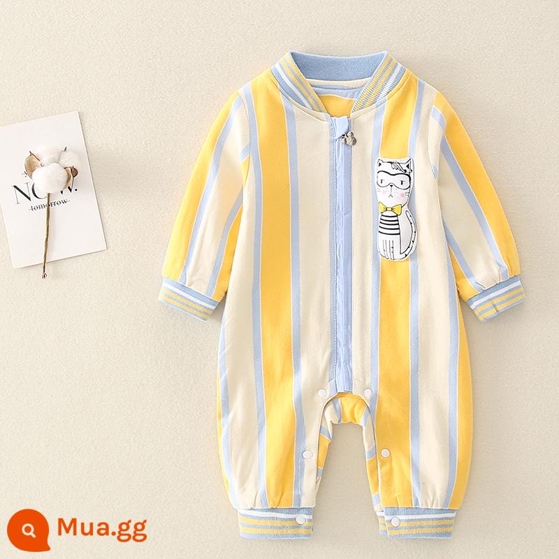 2021 lưới đỏ mới mùa xuân và mùa thu cotton nguyên chất cho bé áo liền quần động vật nhỏ dễ thương sọc leo núi quần áo - màu vàng