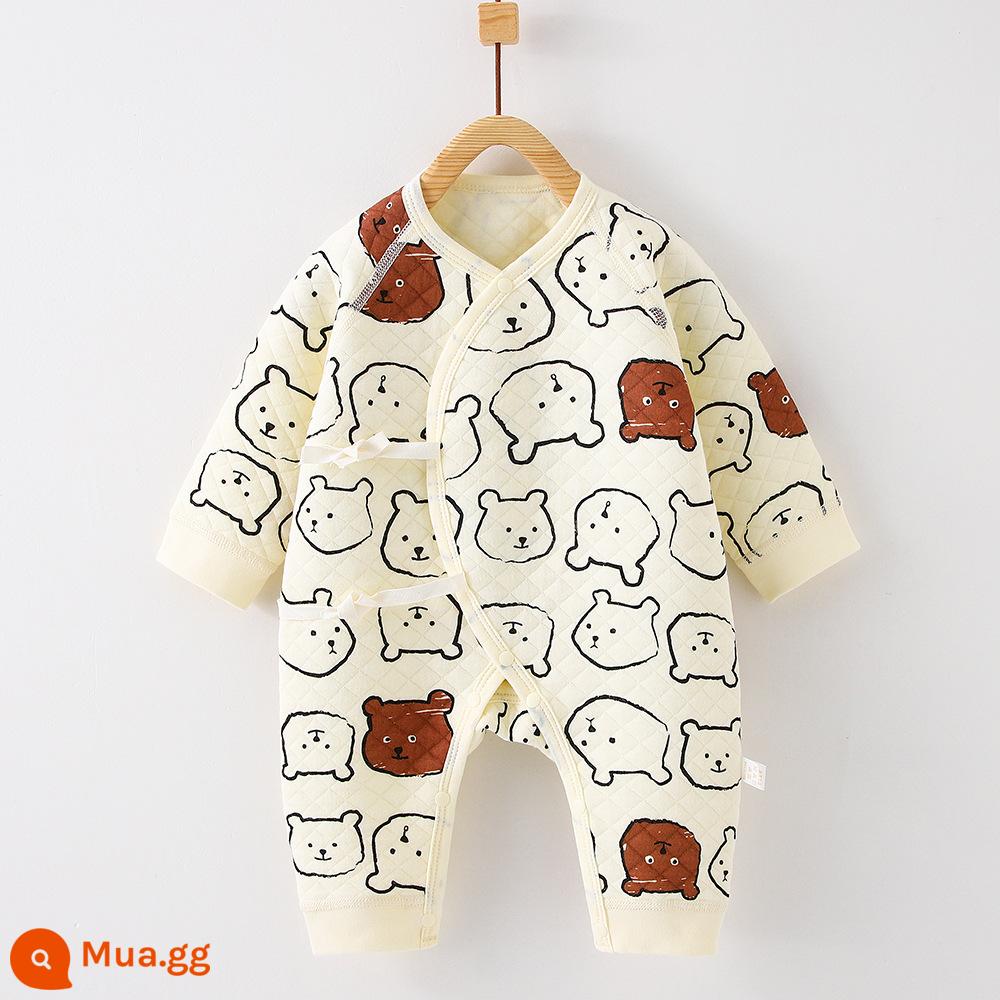 Mùa Thu Đông Quần Áo Sơ Sinh 3 Lớp Ấm Áp Cho Bé Jumpsuit Kẹp Cotton Lụa Tiger Áo Liền Quần Không Xương Bộ Đồ Ngủ - Màu cà phê gấu nhỏ