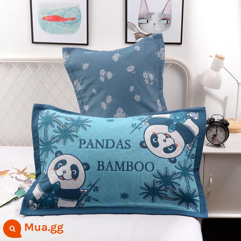 Vỏ gối bằng gạc bông nguyên chất một cặp vỏ gối bằng cotton dày và to đầy đủ Vỏ gối cho người lớn thấm mồ hôi và thoáng khí - Gấu trúc xanh dễ thương (cặp)