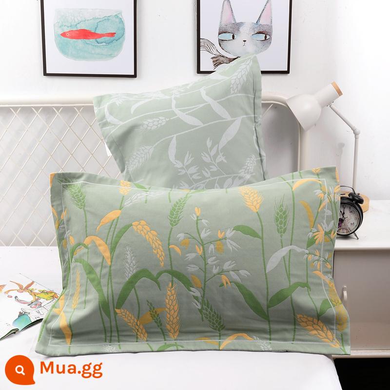 Vỏ gối bằng gạc bông nguyên chất một cặp vỏ gối bằng cotton dày và to đầy đủ Vỏ gối cho người lớn thấm mồ hôi và thoáng khí - Lúa mì xanh thơm (cặp)