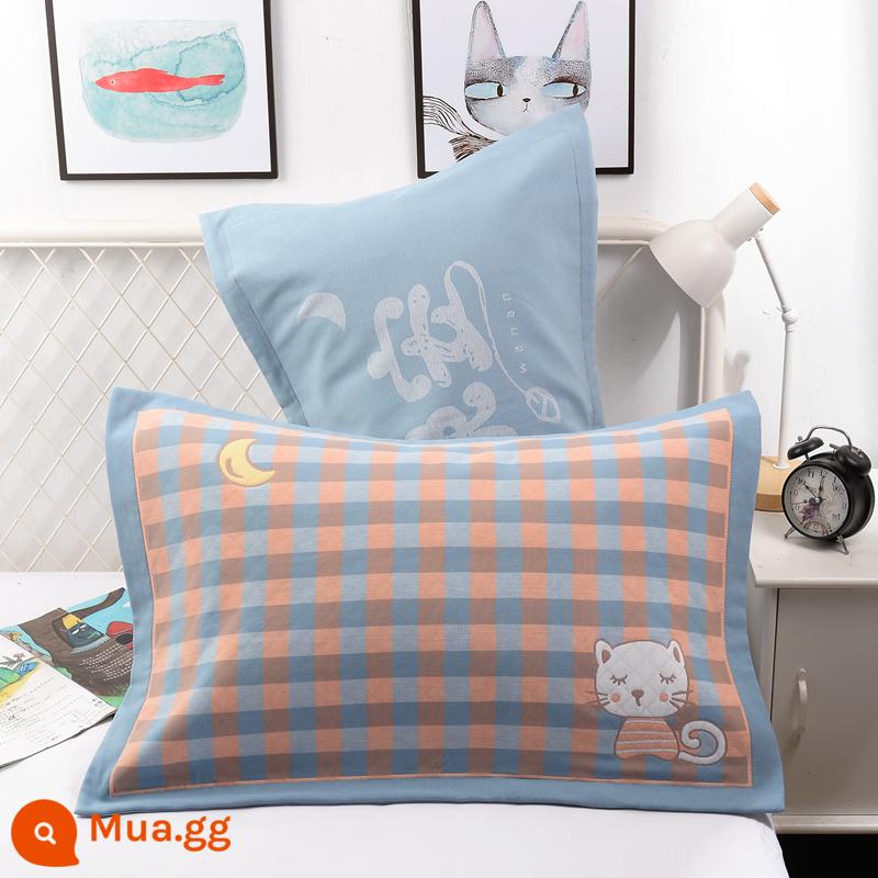 Vỏ gối bằng gạc bông nguyên chất một cặp vỏ gối bằng cotton dày và to đầy đủ Vỏ gối cho người lớn thấm mồ hôi và thoáng khí - Moon Cat Blue (cặp)