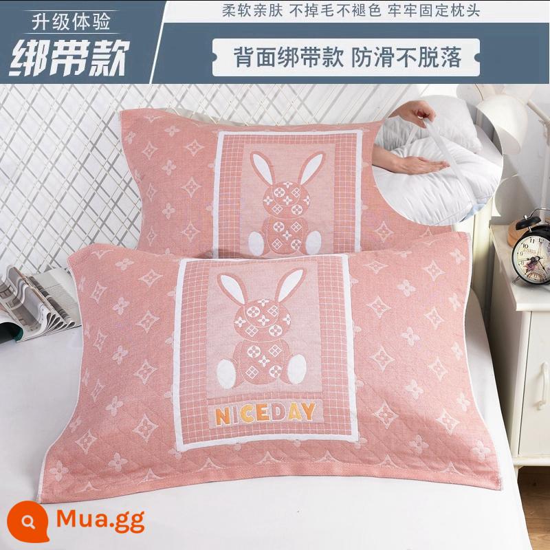 Khăn gối cotton nguyên chất cotton gạc dày vài gối đầu khăn một đôi người lớn Plus bốn mùa gối đơn bao khăn - [Dây đeo] 1 đôi thỏ hồng