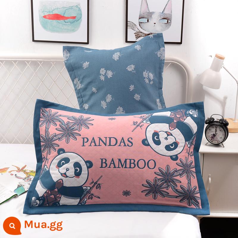 Vỏ gối bằng gạc bông nguyên chất một cặp vỏ gối bằng cotton dày và to đầy đủ Vỏ gối cho người lớn thấm mồ hôi và thoáng khí - Hồng Panda dễ thương (cặp)