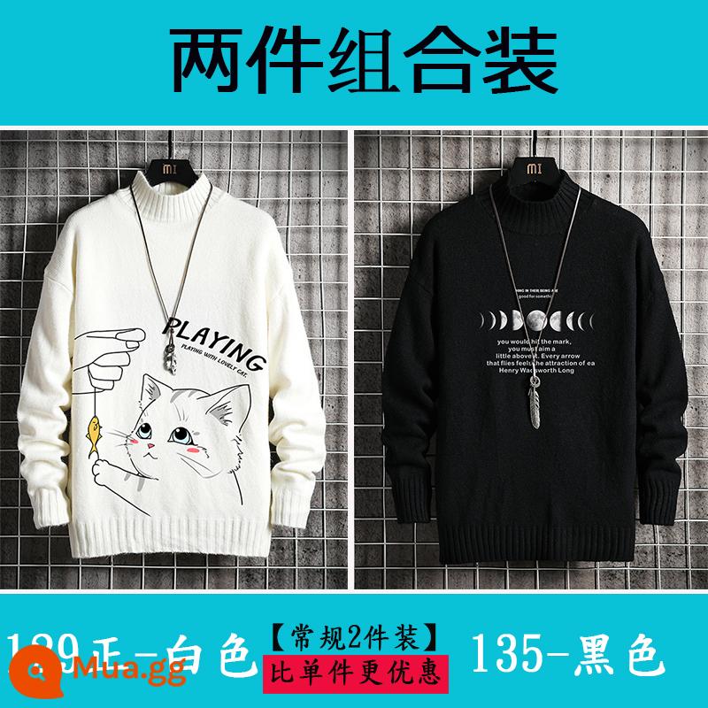 Nam nửa áo len cao cổ Plus nhung dày quần áo mùa đông học sinh size lớn áo len cashmere ấm áp áo len nam mùa thu đông - 129 trắng tinh khiết + 135 đen